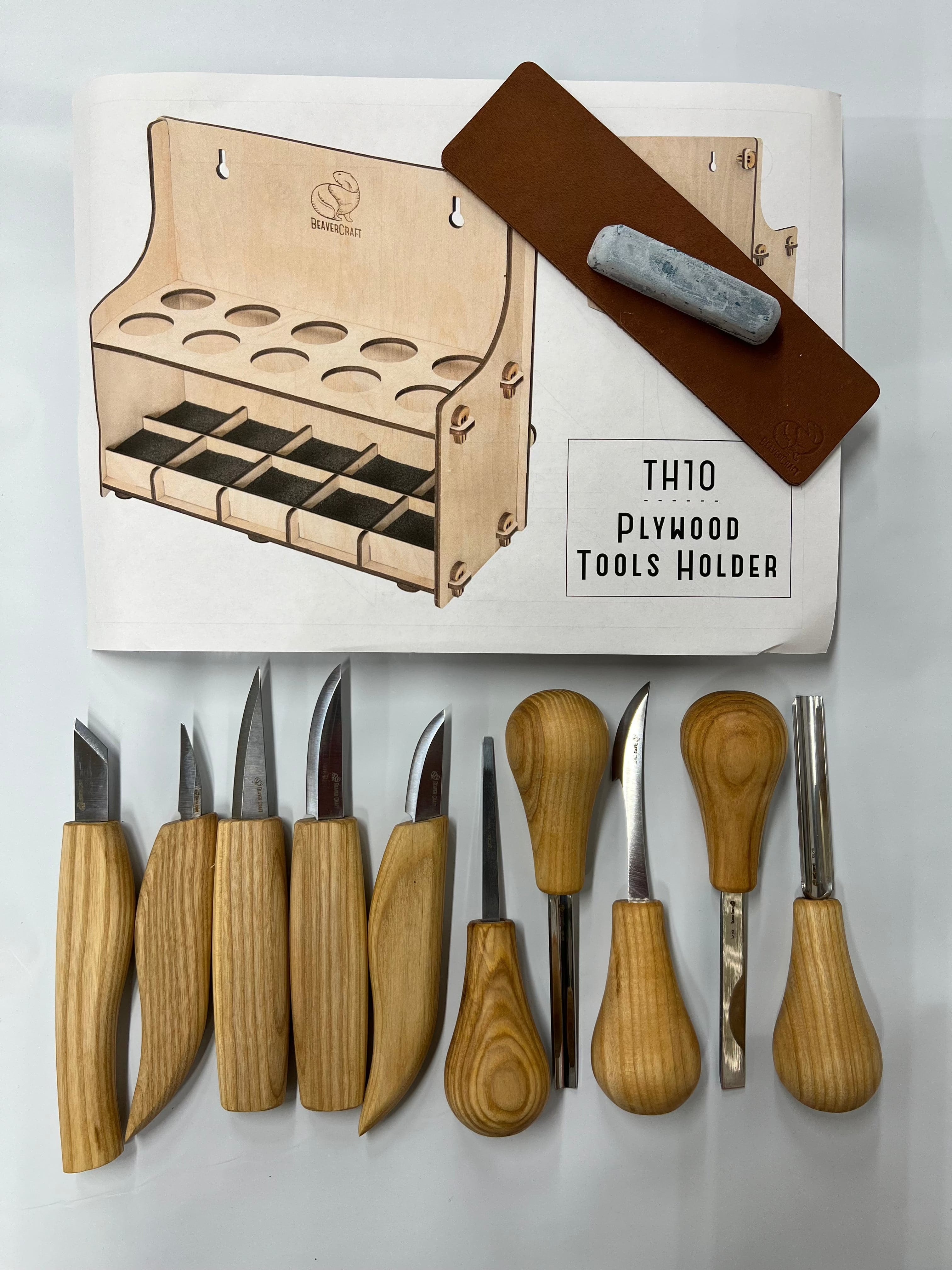 Wood carving iron set S52 with 10 irons and tool holder