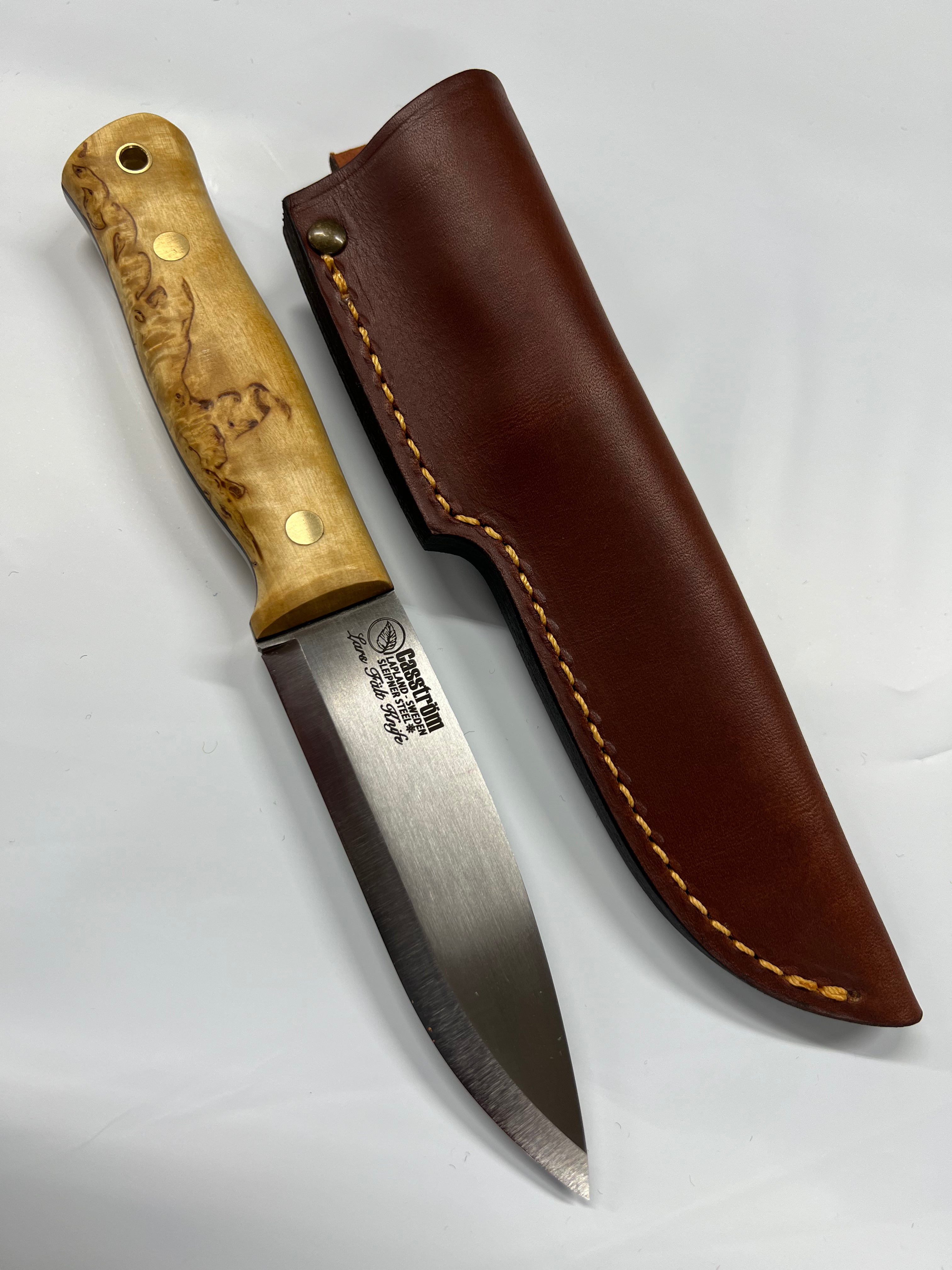 Caström Lars Fält knife with leather sheath and leather lanyard